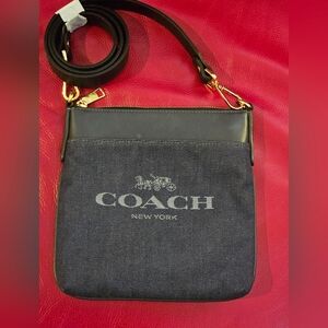 COACH Denim Jacquard  Leather Kitt Crossbody Bag Navy Blue Leather Gold Hardware